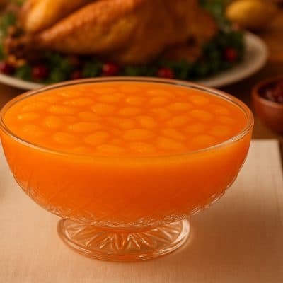 Orange gelatin salad with mandarin oranges set in a smooth, glossy layer inside a cut-glass crystal bowl, garnished with a single rosemary sprig, displayed on a Thanksgiving table with warm autumn décor