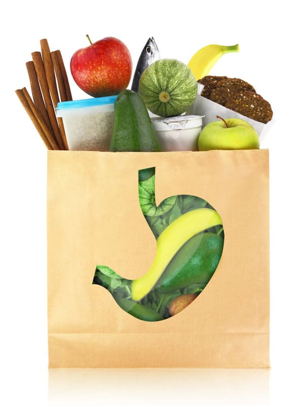 Grocery Bag with Stomach indicating what you eat affects your gut health.