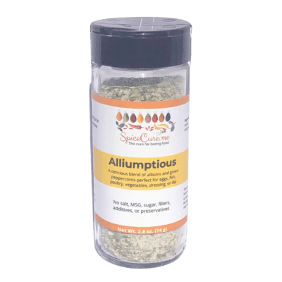 Jar of Alliumptious allium blend seasoning
