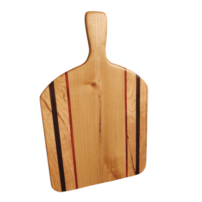Alder, cherry, black walnut, and bloodwood bread, cutting or charcuterie board with handle and sloped sides