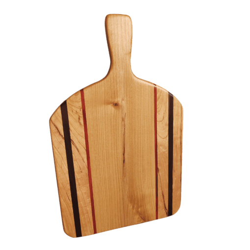Alder, cherry, black walnut, and bloodwood bread, cutting or charcuterie board with handle and sloped sides
