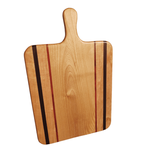 Alder, cherry, black walnut, and bloodwood bread, cutting or charcuterie board with handle and square sides