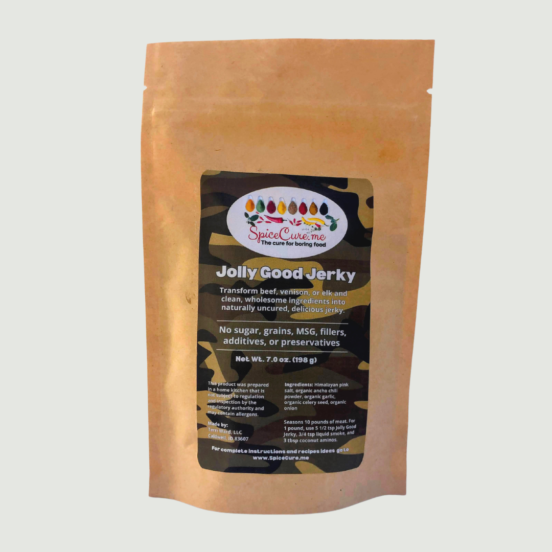 Jolly Good Jerky Pouch with gray background
