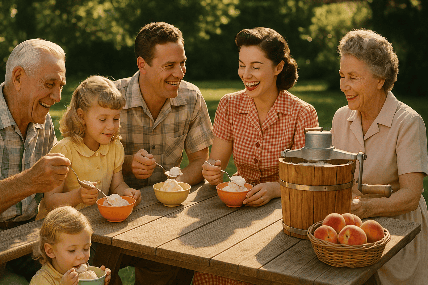 1950s-era family of three generations enjoying homemade ice cream in a sunny backyard, with a hand-crank ice cream maker and basket of fresh peaches