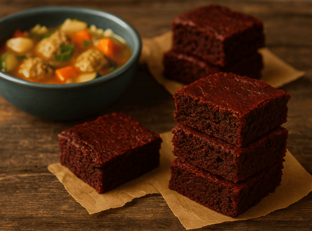 Side-by-side image of two foods. On the left, a rustic bowl of albondigas soup features visible slices of zucchini, vibrant herbs, and hearty meatballs in a golden broth. On the right, a plate of chocolate brownies with a rich, reddish hue, suggesting the addition of beets, is shown on a textured surface, illustrating how to healthify comfort foods