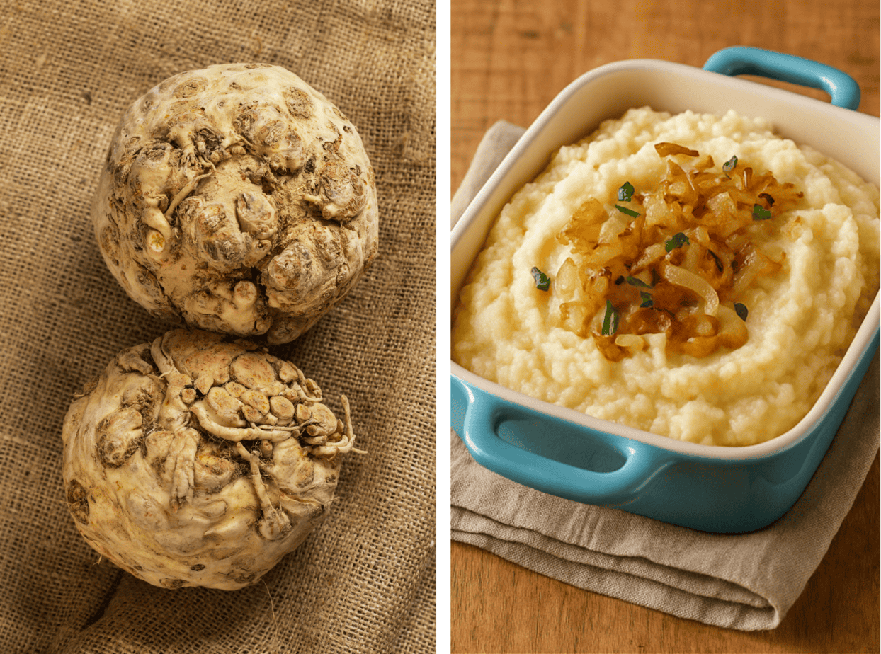Side-by-side image of raw and cooked celeriac. On the left, two whole, unpeeled celeriac bulbs rest on a burlap surface, showcasing their rough, knobby texture. On the right, a blue ceramic baking dish is filled with creamy mashed celeriac topped with sautéed onions and garnished with chopped herbs. The dish sits on a folded linen napkin atop a wooden table, evoking a rustic, home-cooked feel
