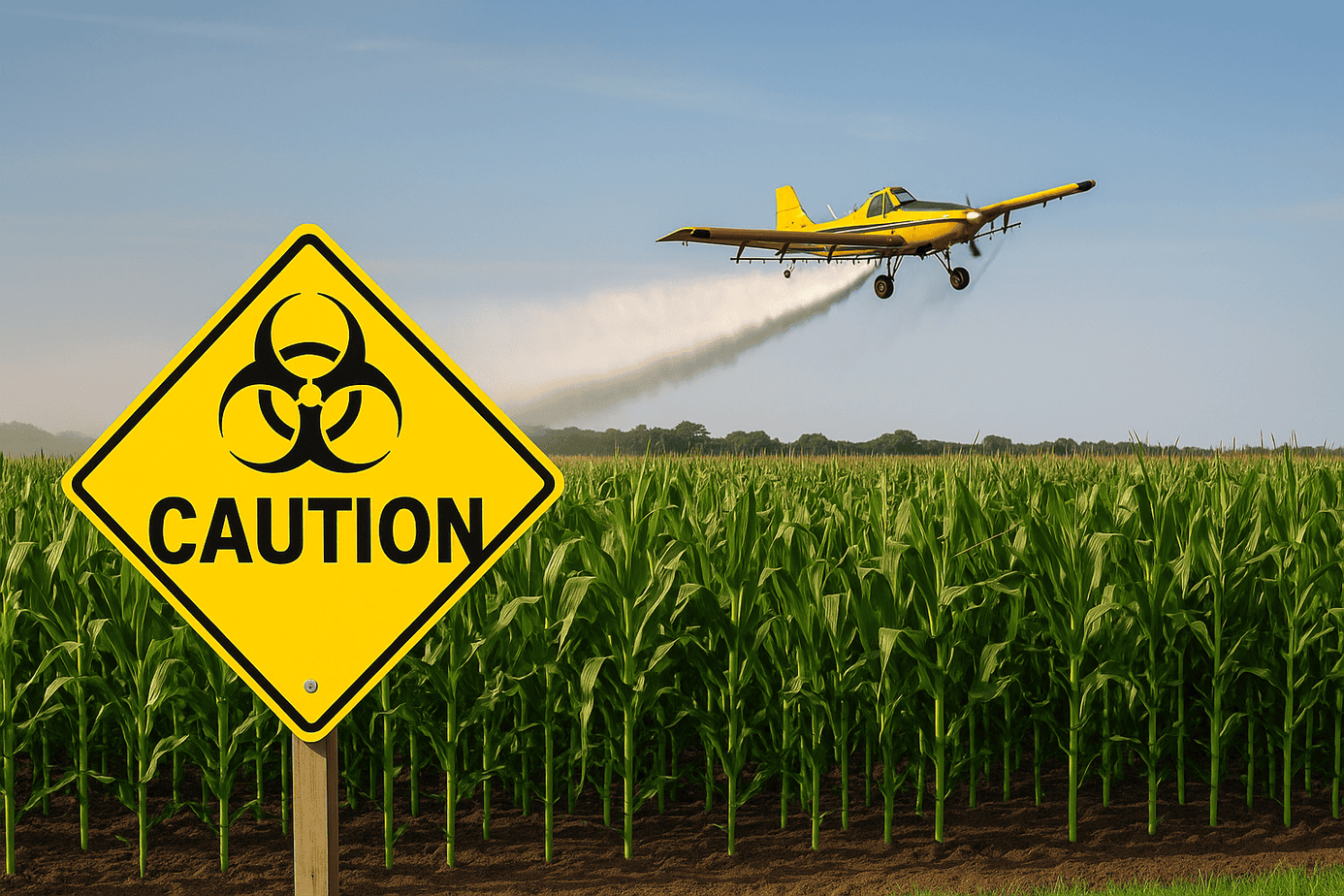 A crop duster sprays a large cornfield with chemicals under a clear sky. In the foreground, a yellow caution sign with a black chemical hazard symbol warns of pesticide application. The aircraft is a modern crop dusting plane flying low over the rows of corn, with a visible mist trailing behind