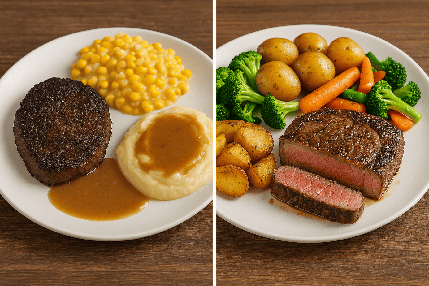 A split-screen image shows two plated steak dinners side by side. The left plate features a dark brown, overcooked steak, mashed potatoes with gravy, and a scoop of creamed corn—representing a traditional, overdone meal from decades past. The right plate showcases a juicy, medium steak sliced to reveal a rosy center, surrounded by golden roasted potatoes and vibrant sautéed vegetables—depicting a modern, health-conscious version of the same comfort meal