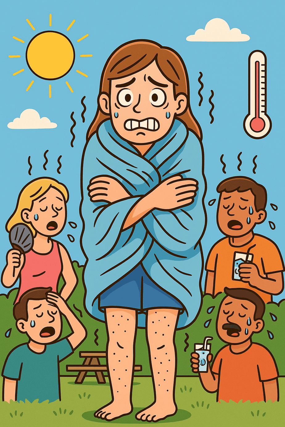Cartoon illustration of a woman wrapped in a blanket and shivering under a blazing sun, surrounded by people sweating in the summer heat, symbolizing how poor sleep can disrupt body temperature regulation