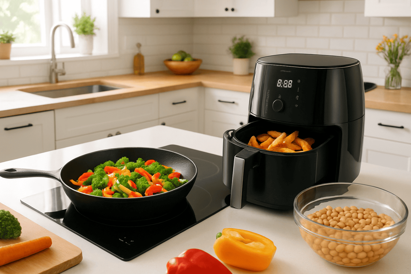 Colorful vegetable stir-fry cooking in a cast iron skillet on a kitchen island cooktop, golden sweet potato wedges in an air fryer basket, and a glass bowl of chickpeas soaking on the counter depicting how to healthify comfort foods