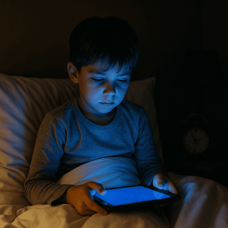 Child sitting up in bed at night, face lit by a tablet’s blue glow; cozy pajamas and bedding signal bedtime and suggest how screen light can delay sleep