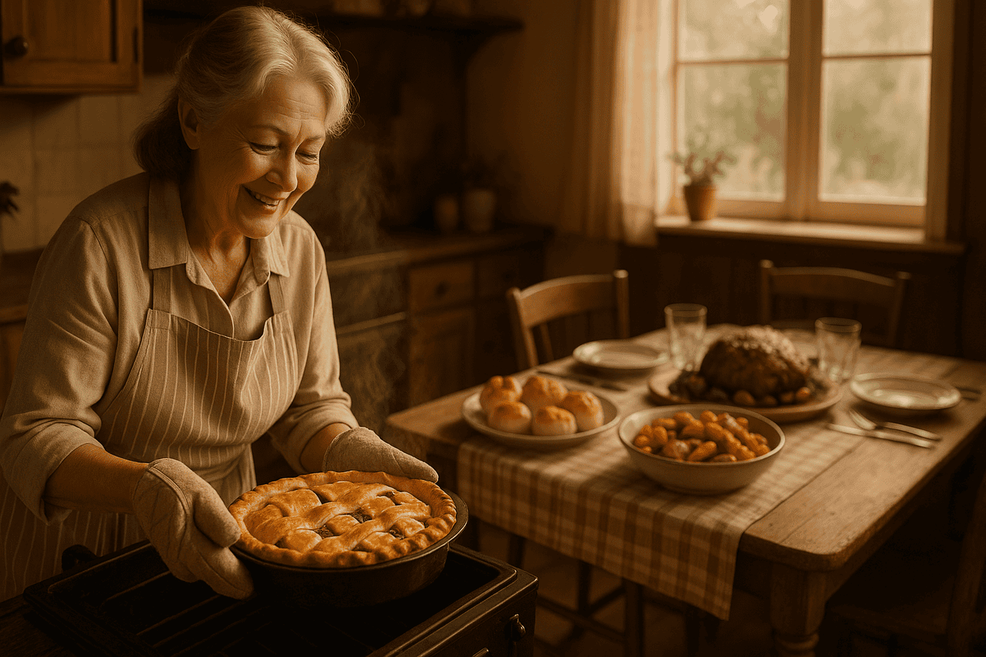 A warmly lit rustic farmhouse kitchen with an older woman in an apron taking a steaming berry pie out of a cast iron oven. In the background, a wooden dining table is set with a beef roast, biscuits, potatoes, carrots, and vintage tableware, evoking a nostalgic, comforting atmosphere