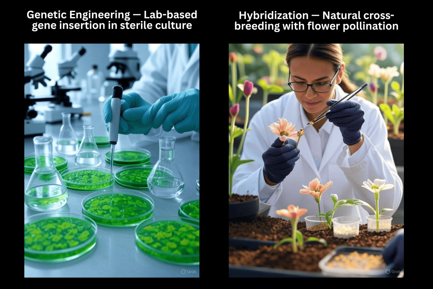 Side-by-side comparison illustrating genetic engineering and hybridization. The left side shows a sterile laboratory with petri dishes, a gloved hand using a micropipette, and scientific equipment representing gene editing. The right side depicts a vibrant greenhouse with natural sunlight, rows of healthy plants, and a gardener tending crops—symbolizing traditional plant hybridization through crossbreeding. The image contrasts lab-based genetic modification with natural, time-tested breeding methods