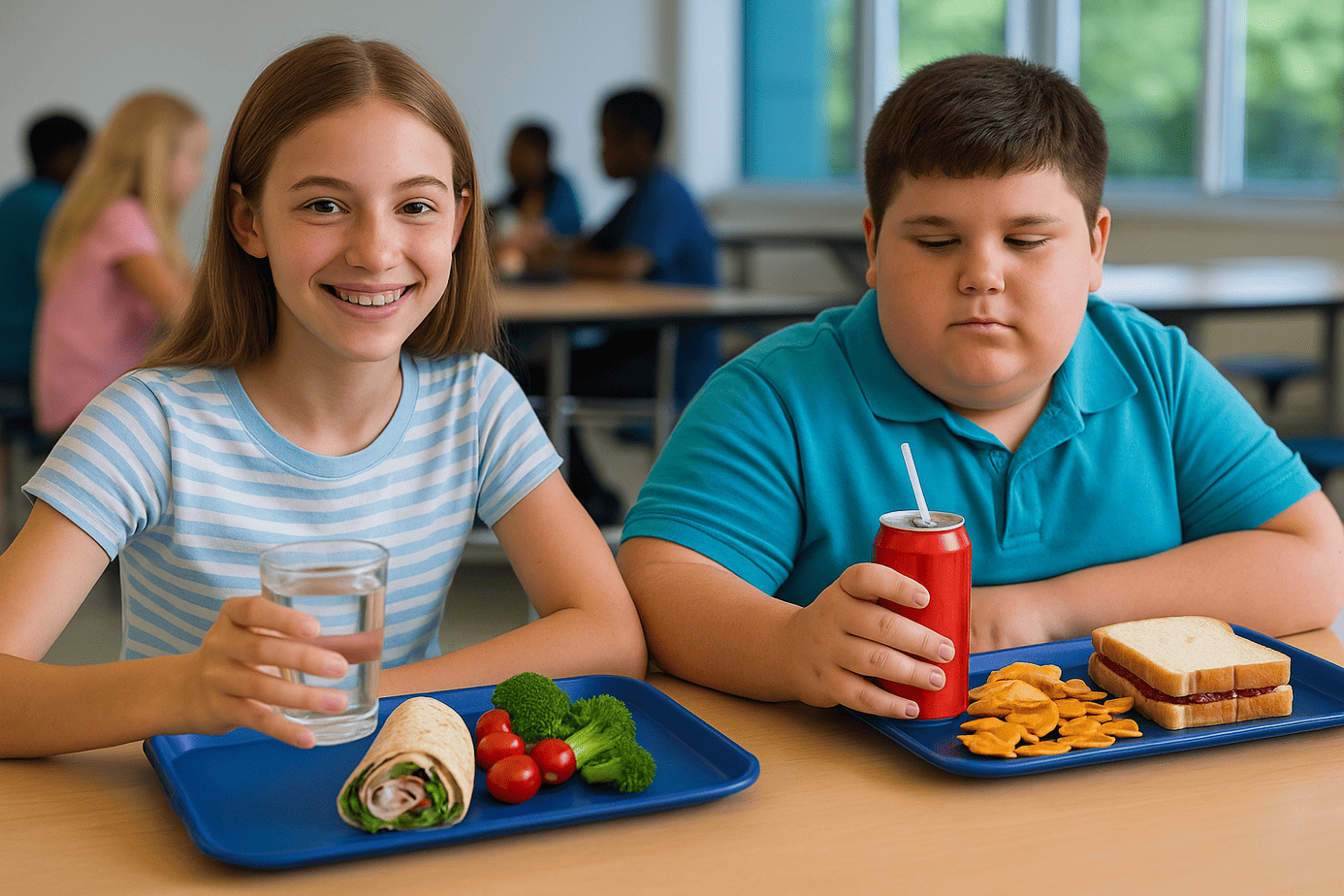 Two middle school students eating lunch at a school cafeteria table. One child, appearing healthy, has a colorful tray with fruits, vegetables, and a wrap with water. The other child, who is overweight, has a tray of processed foods including a white bread sandwich, potato chips, and soda—highlighting the contrast in dietary quality. The image illustrates the real-life impact of GMO foods and health risks associated with poor dietary choices