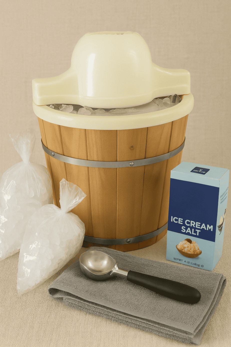 Homemade ice cream preparation scene with a vintage-style wooden electric ice cream maker filled with ice, two plastic bags of ice cubes, a box of Morton ice cream salt, a metal ice cream scoop, and a folded gray towel arranged on a neutral surface