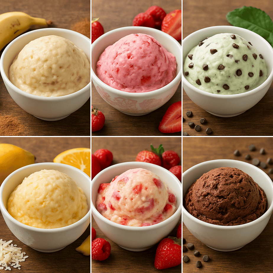 Collage of six bowls of homemade ice cream in different colors and textures, including Banana Dream, Berry Bliss, Mint Chip, Tropical Twist, Tutti Fruity, and Double Chocolate, displayed on a rustic wooden surface