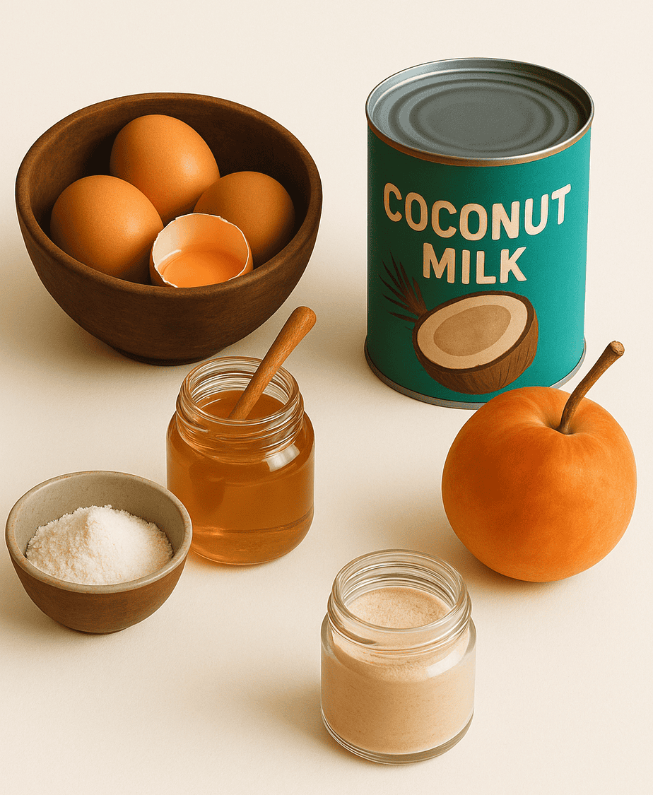Natural food photograph of peach ice cream ingredients displayed on a neutral surface. Includes a wooden bowl of eggs with one cracked open showing a golden yolk, a teal can of coconut milk, a jar of honey with a wooden dipper, a small bowl of tapioca starch, a glass jar of collagen peptides, and a ripe peach, arranged with soft lighting and natural shadows
