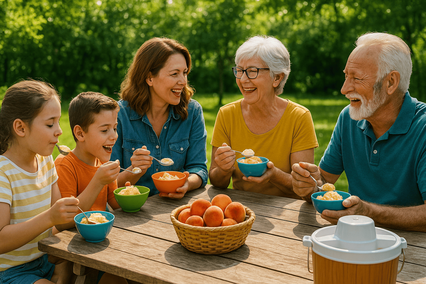 Three generations of a family enjoying homemade peach ice cream together in a sunny backyard, sitting at a rustic picnic table with an ice cream maker and basket of fresh peaches