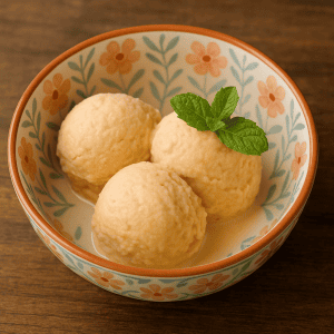 Close-up of three scoops of homemade peach ice cream in a floral patterned bowl, topped with a fresh mint garnish, on a rustic wooden table