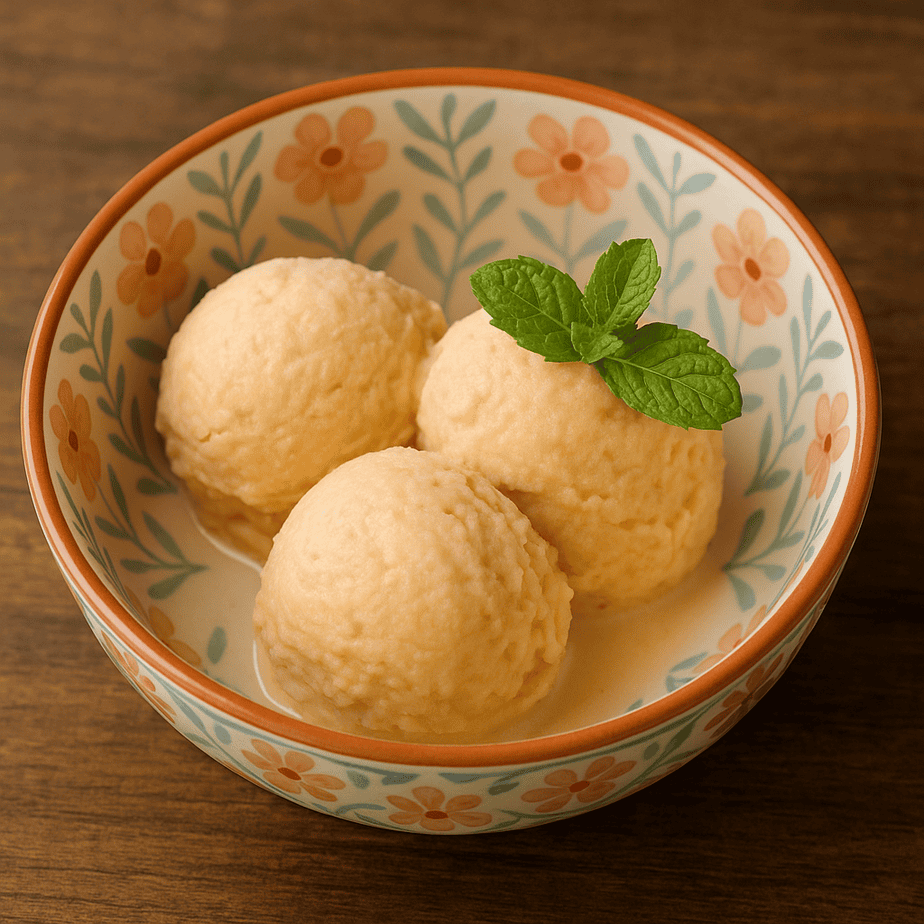 Close-up of three scoops of homemade peach ice cream in a floral patterned bowl, topped with a fresh mint garnish, on a rustic wooden table