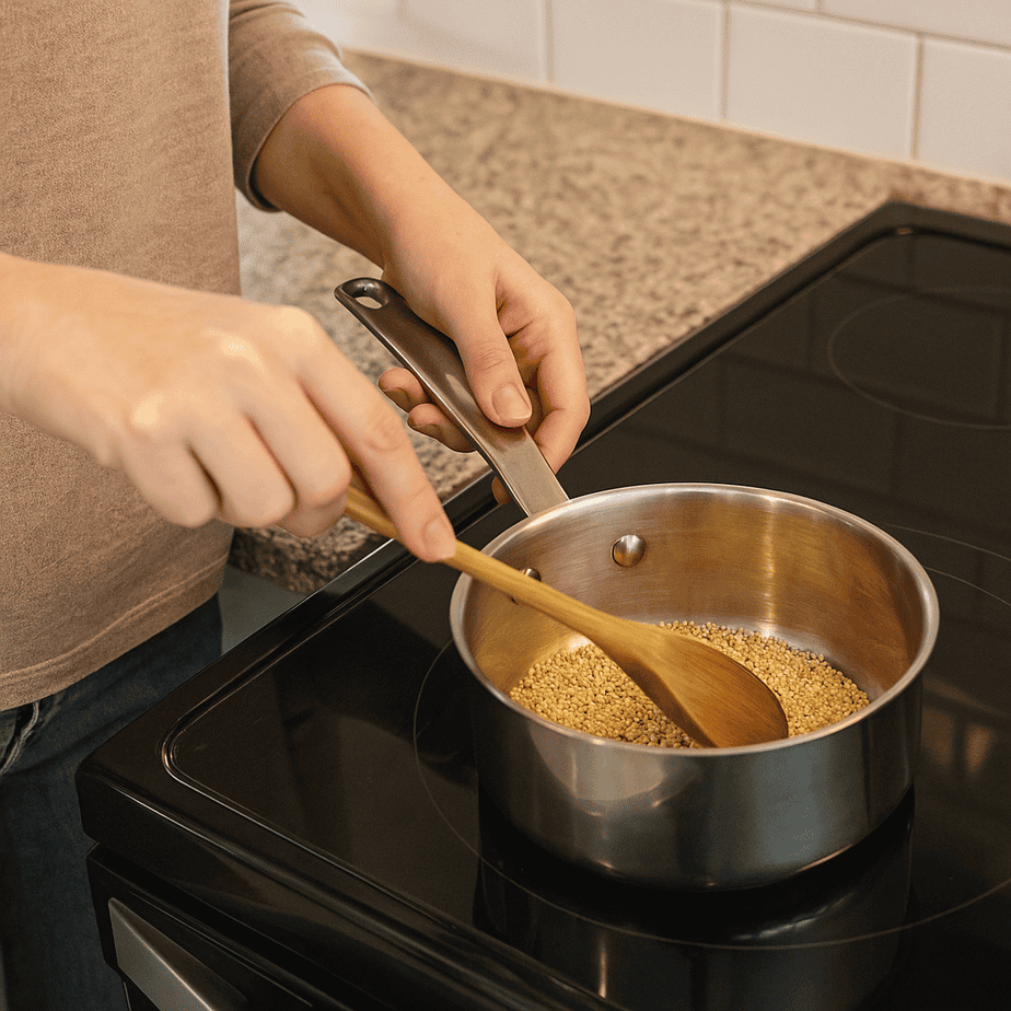Close-up of a person stirring a small amount of quinoa in a saucepan on a glass cooktop (step one in preparing a quinoa salmon bowl)