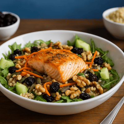 Salmon quinoa bowl with arugula, dried tart cherries, carrots, pumpkin seeds, walnuts, cucumbers, and fresh greens served in a white bowl on a wooden table with a fork to the right of the bowl, a folded napkin above the fork, and small bowls of dried tart cherries and quinoa in the background