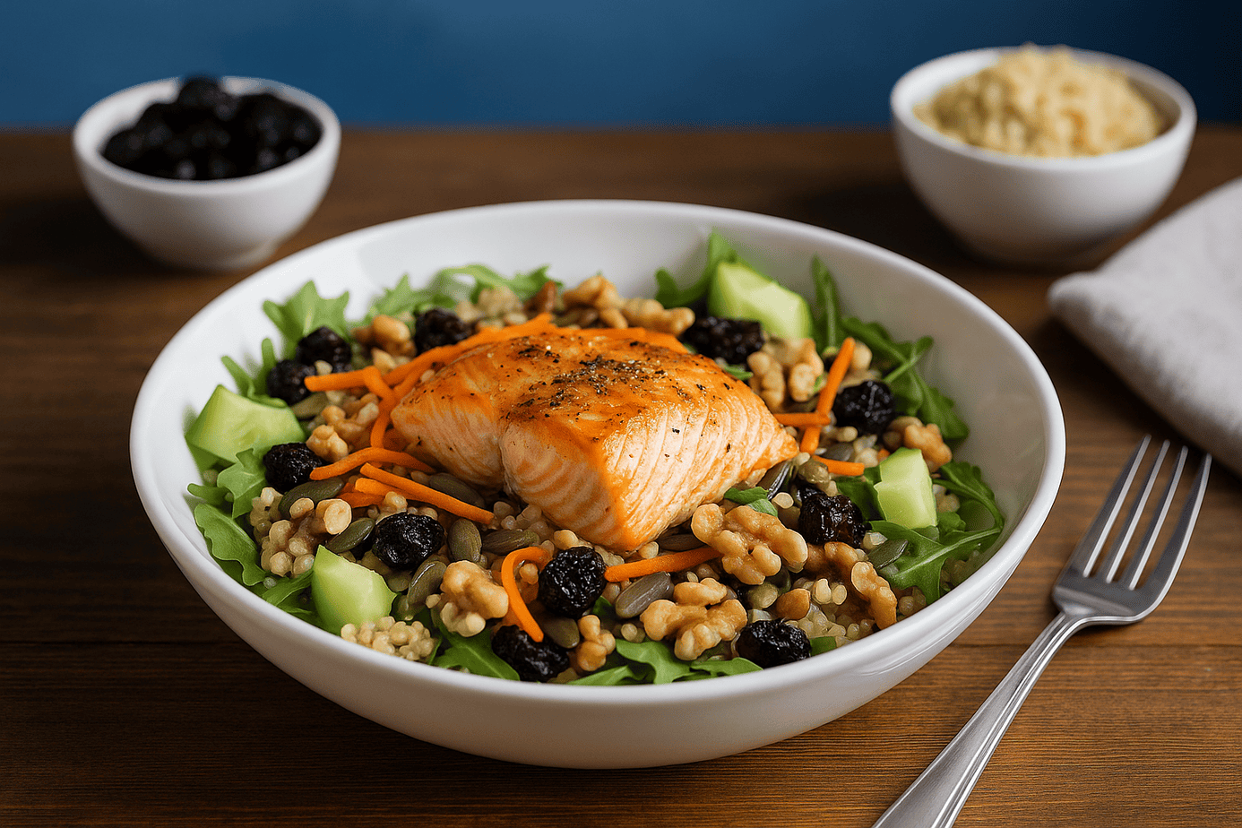 Salmon quinoa bowl with arugula, dried tart cherries, carrots, pumpkin seeds, walnuts, cucumbers, and fresh greens served in a white bowl on a wooden table with a fork to the right of the bowl, a folded napkin above the fork, and small bowls of dried tart cherries and quinoa in the background