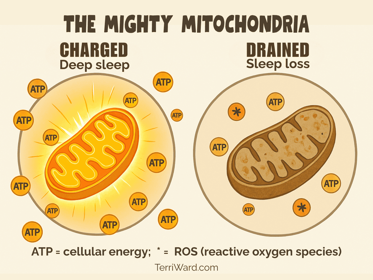 Side-by-side illustration of a glowing “charged” mitochondrion during deep sleep with many ATP coins versus a faded “drained” mitochondrion after sleep loss with fewer ATP and ROS markers