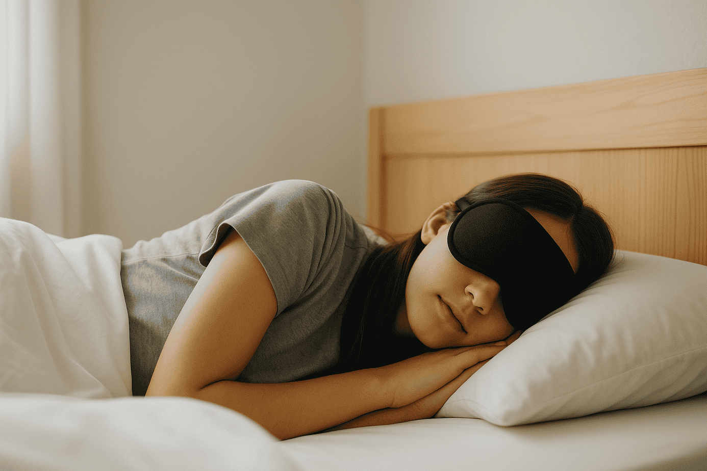 teen girl sleeping peacefully in daylight while wearing an eye mask, blocking light to support melatonin and quality sleep