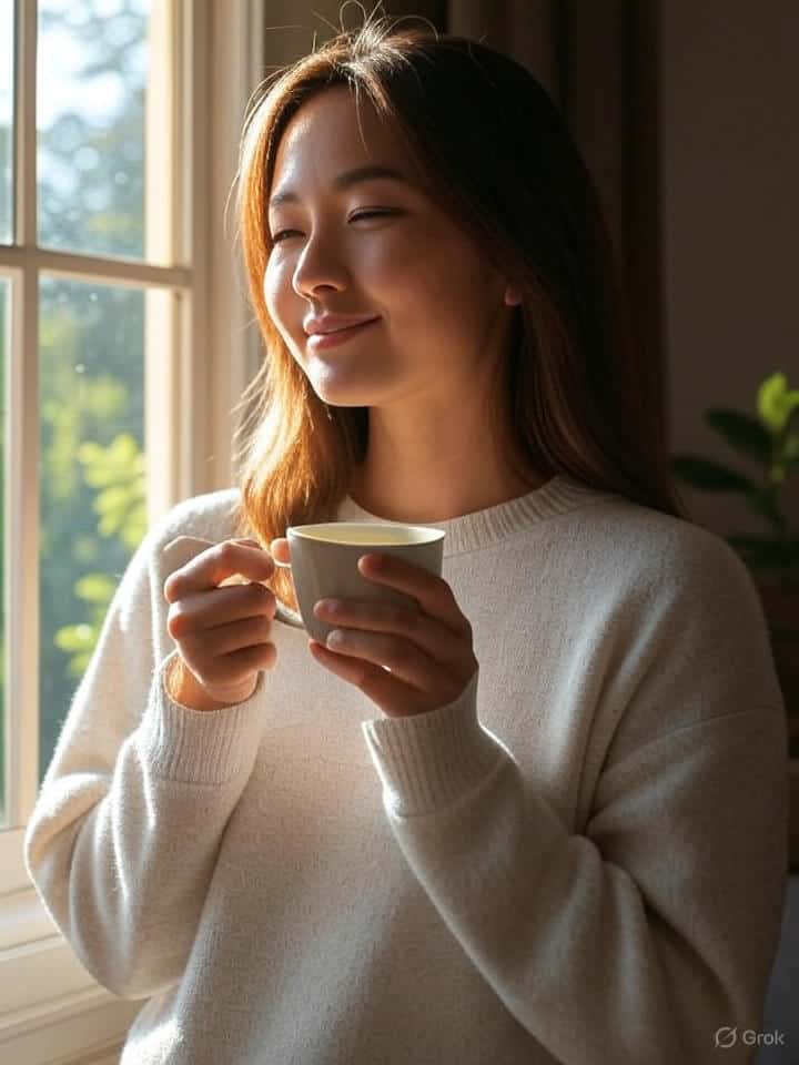 A portrait with soft natural tones of a woman with a serene expression standing by a large window, sipping a cup of tea, with bright sunlight streaming through the glass, casting warm rays across her face and the room, conveying a calm and peaceful moment that suggests mindfulness and relaxation, important for healthy sleep habits