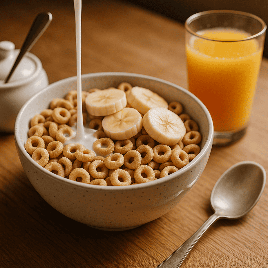 photo of a bowl of O-shaped processed cereal with banana slices and milk, next to a sugar bowl and a glass of orange juice on a breakfast table