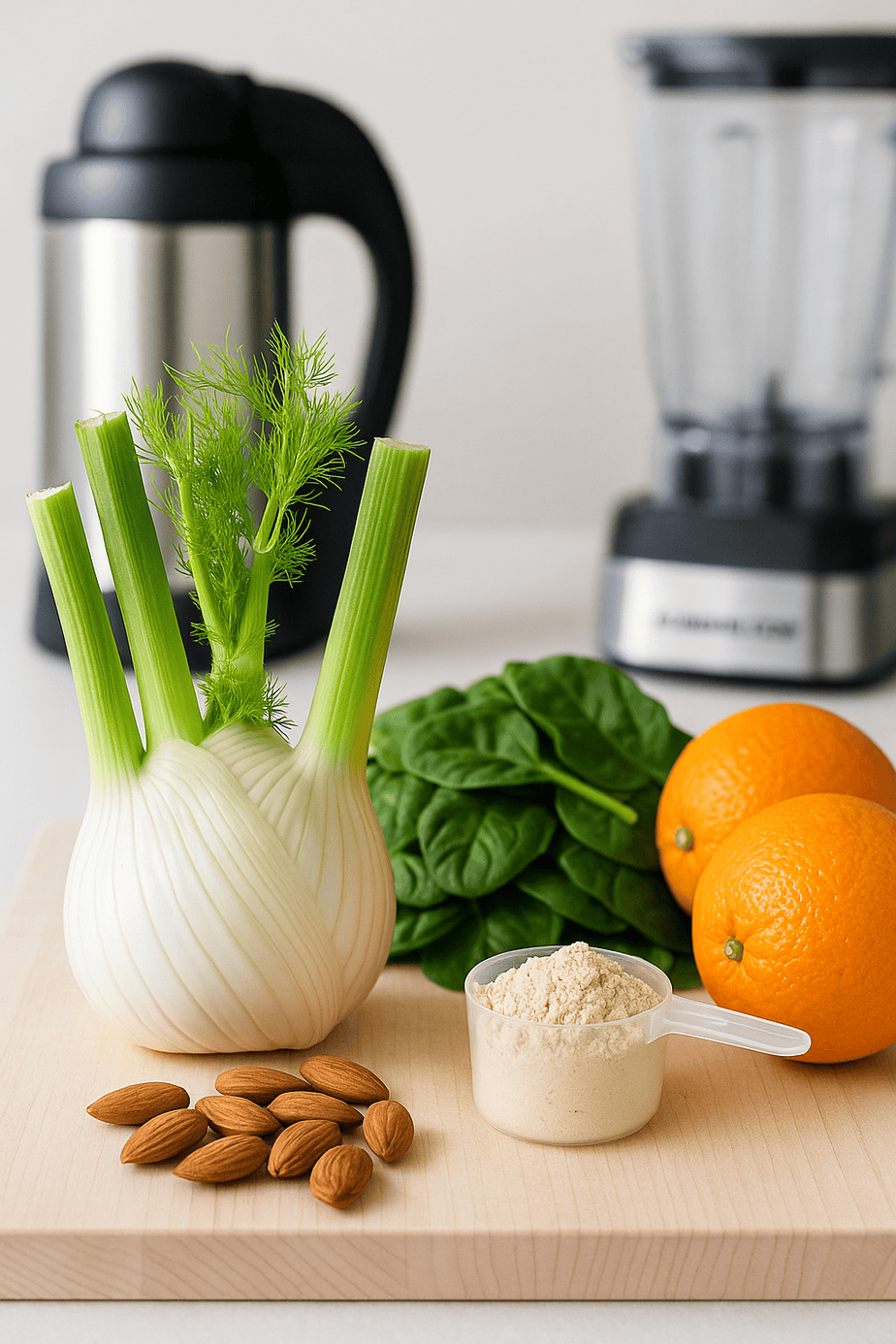 Ingredients for fennel and orange smoothie: fresh whole fennel bulb with green stalks and fronds, whole almonds, spinach leaves, navel oranges, and pea protein in a measuring cup, displayed on a light cutting board with a blurred Almond Cow machine and blender in the background