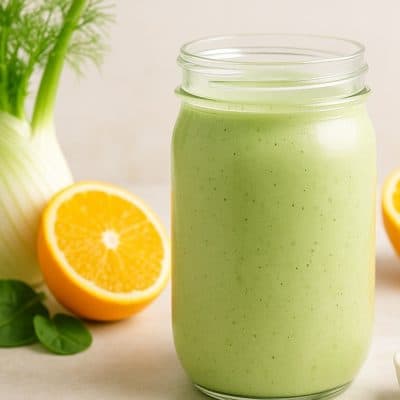 A pint-size jar containing a fennel and orange smoothie with almond milk, a folded napkin, a fennel bulb with stalks, spinach leaves, orange halves, and a scoop of protein powder on a smooth surface