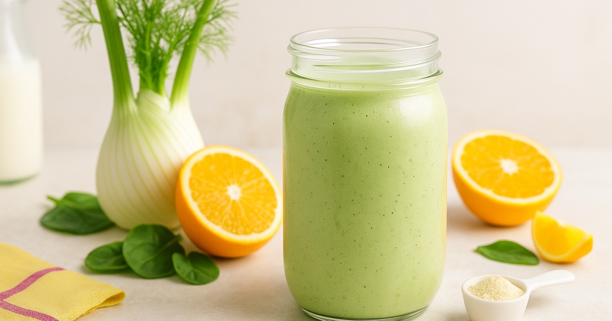 A pint-size jar containing a fennel and orange smoothie with almond milk, a folded napkin, a fennel bulb with stalks, spinach leaves, orange halves, and a scoop of protein powder on a smooth surface