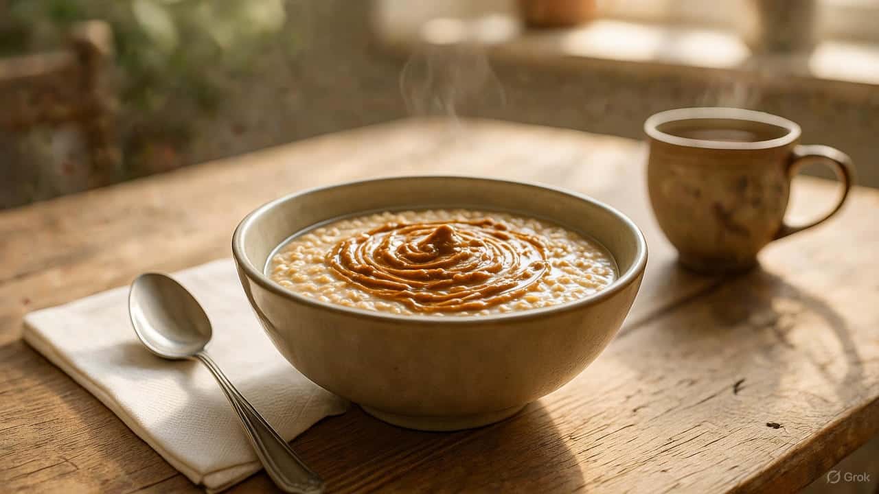 A sunny kitchen scene featuring a bowl of steaming steel-cut oats with nut butter swirled into the oatmeal, with a spoon and napkin on the left and a cup of steaming tea on the right all sitting on a rustic wooden table