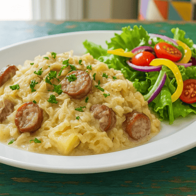 A plated serving of bratwurst sauerkraut casserole garnished with fresh parsley, set beside a vibrant green salad. The dish is styled in a colorful, inviting manner on a white plate, emphasizing the textures and wholesome ingredients in a bright landscape format