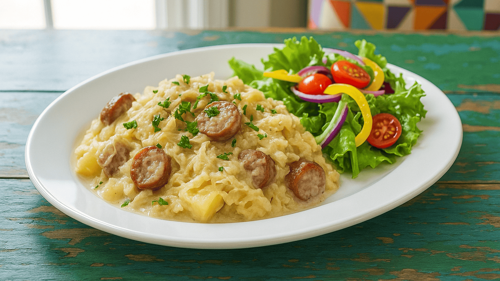 A plated serving of bratwurst sauerkraut casserole garnished with fresh parsley, set beside a vibrant green salad. The dish is styled in a colorful, inviting manner on a white plate, emphasizing the textures and wholesome ingredients in a bright landscape format