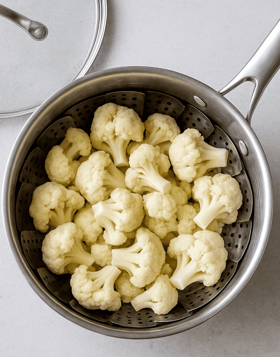 Cauliflower florets in a stainless-steel steamer basket to make the dairy-free sauce for bratwurst sauerkraut casserole
