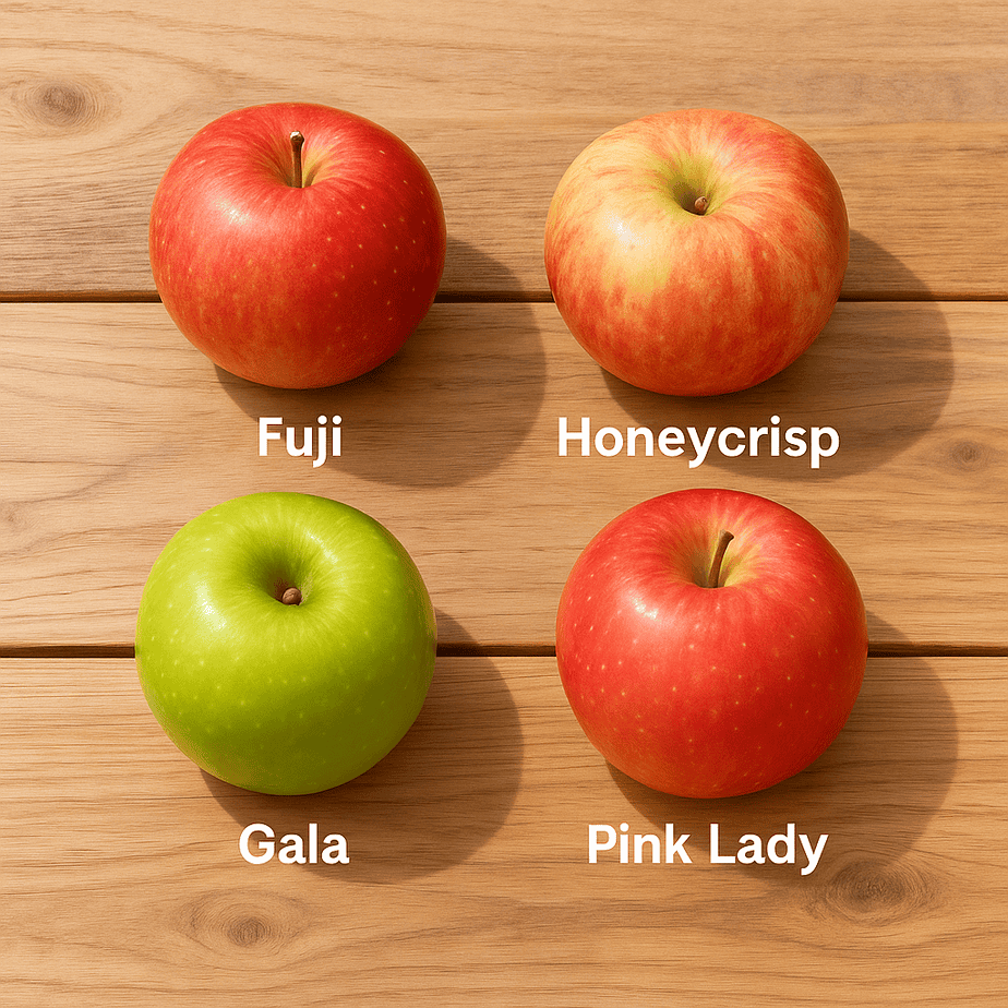 Fuji-Honeycrisp-Gala-Pink-Lady-apple-varieties Top-down photo of four apples on a wooden table: Fuji, Honeycrisp, Gala, and Pink Lady, each labeled