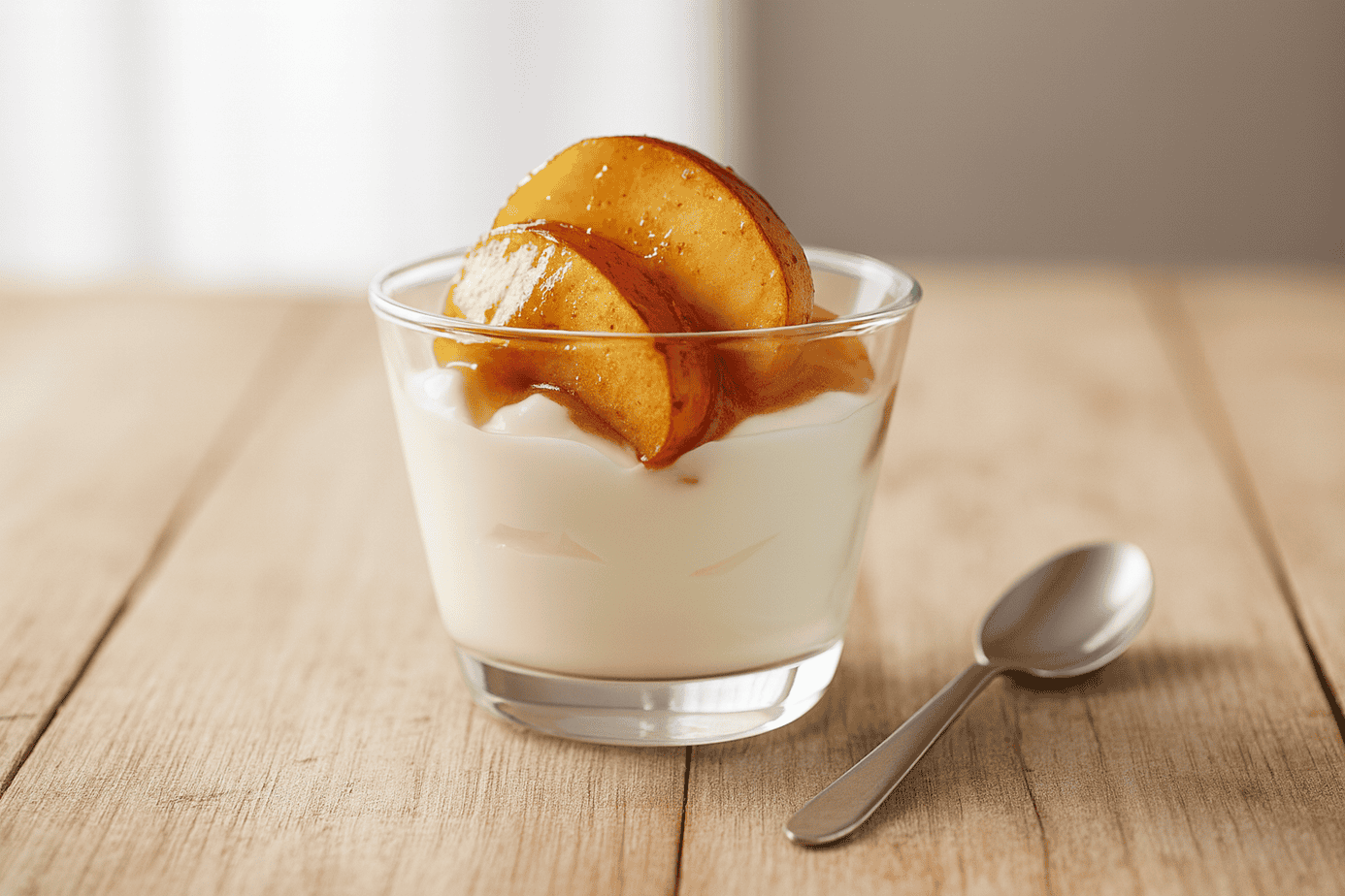 Slow-cooker-honey-cinnamon-apples-on-yogurt Landscape image of a small glass parfait bowl filled with Greek yogurt and topped with glossy stewed cinnamon apples, served on a wooden table—healthy dessert or snack idea