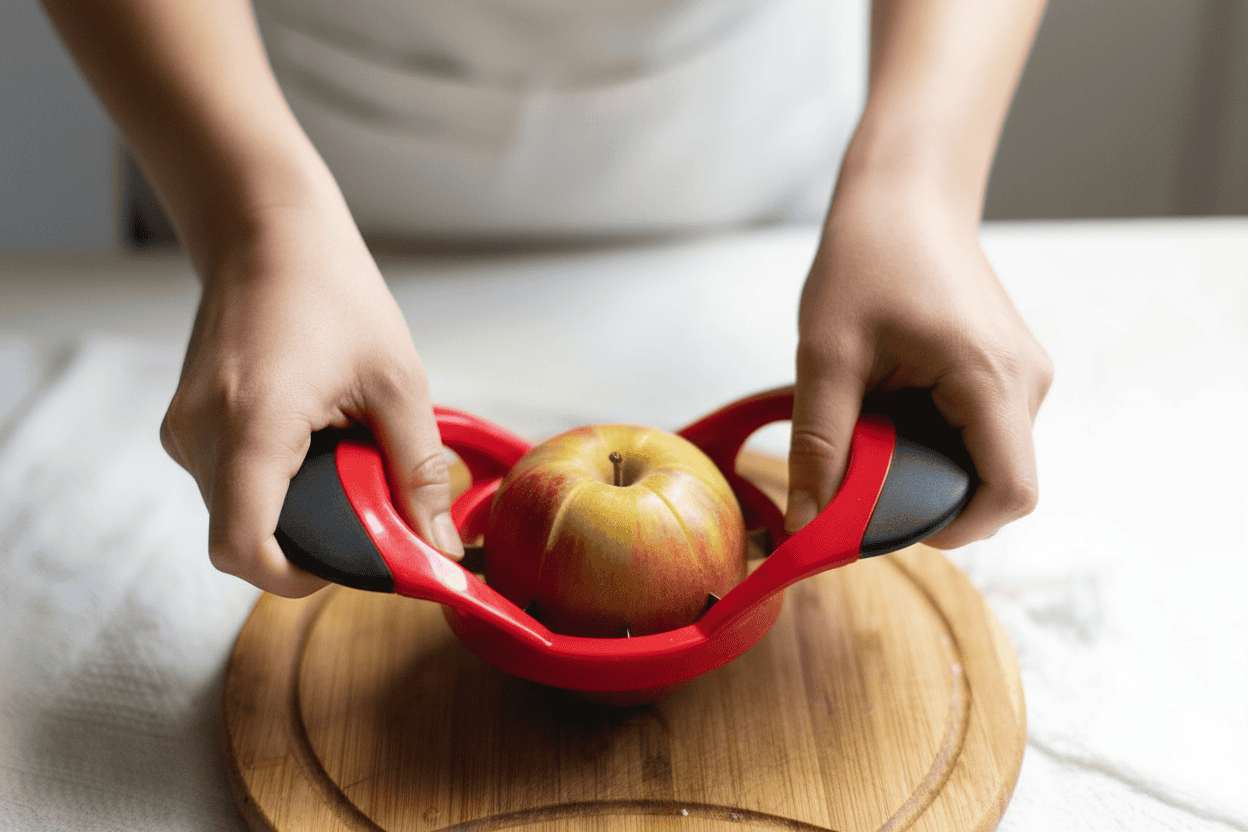 hands-using-an-apple-slicer Hands safely gripping black handles of a red apple slicer as it slices a whole apple into wedges on a round wooden cutting board, overhead view in natural light Hands safely gripping black handles of a red apple slicer as it slices a whole apple into wedges on a round wooden cutting board, overhead view in natural light