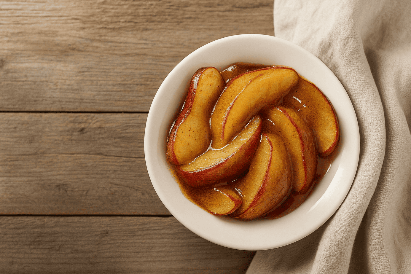 slow-cooker-honey-cinnamon-apples-with-peel Overhead view of unpeeled, stewed cinnamon apples in a glossy sauce, served in a bowl on a rustic wooden table with a cloth napkin—healthy slow cooker apple dessert recipe
