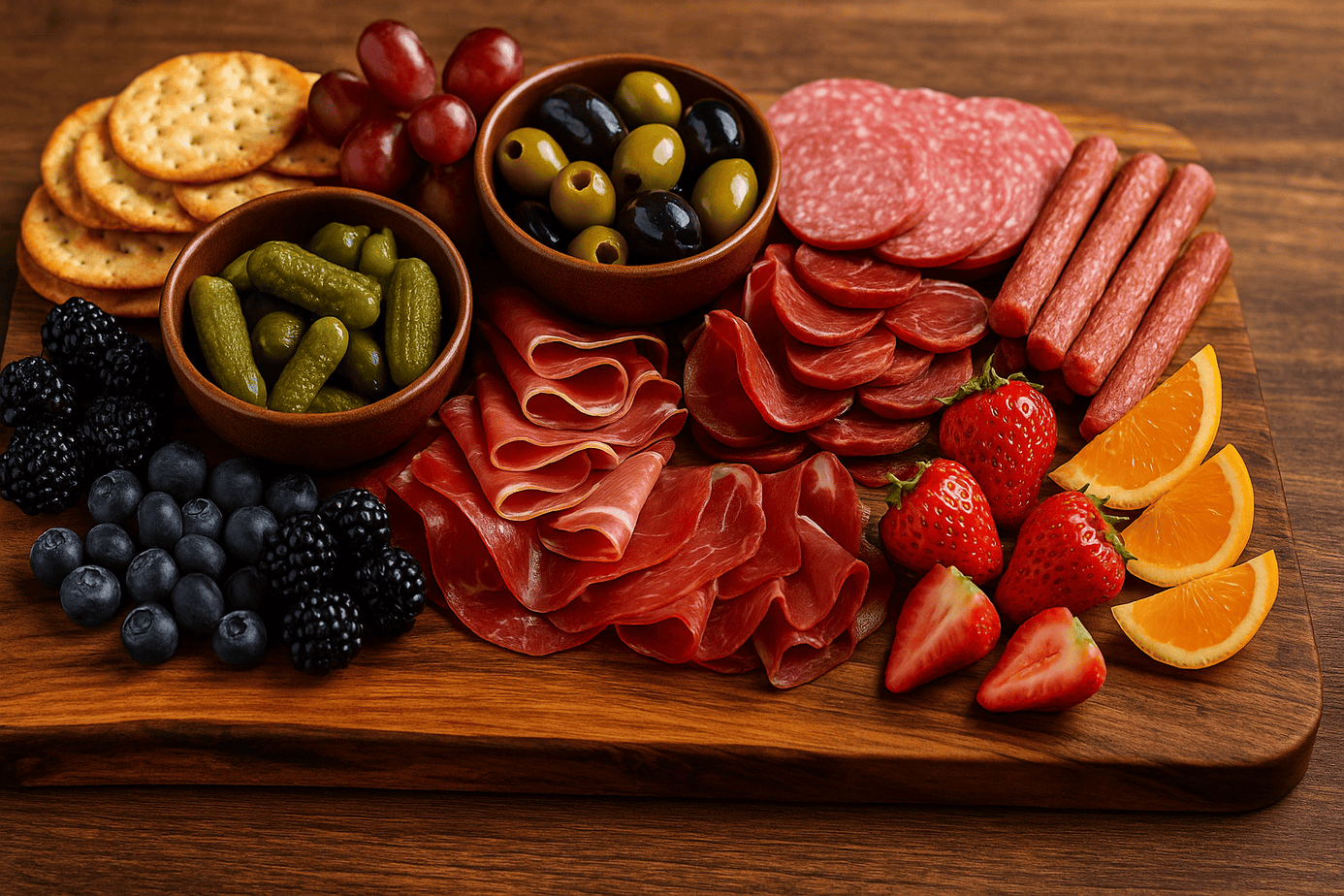 AIRD Menu Charcuterie Board A rustic charcuterie board on an exotic wood slab arranged with uncured meats, olives, pickles, fresh fruit, and gluten-free crackers. The vibrant spread features colorful berries, citrus slices, and assorted cured meats, all displayed without any cheese or bread
