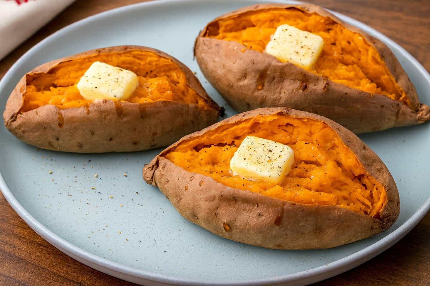 Baked Sweet Potatoes with butter A landscape image of three baked sweet potatoes on a rustic ceramic plate. Each potato is split open to reveal the bright orange flesh, lightly fluffed and topped with a melting pat of butter or ghee. The skins are slightly wrinkled and blistered from roasting. A sprinkle of black pepper and sea salt adds texture. The background is softly blurred, keeping the focus on the warm, comforting sweet potatoes