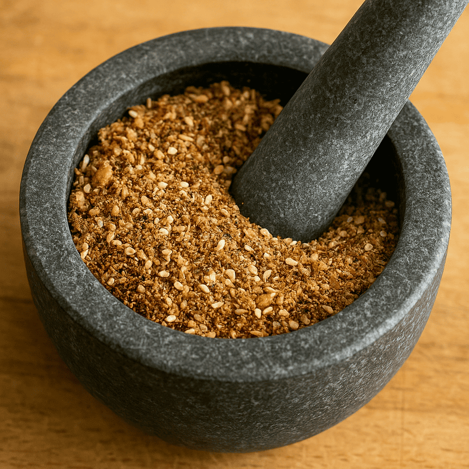 Homemade dukkah spice blend in a dark granite mortar with a pestle, showing crushed toasted nuts, sesame seeds, and spices on a wooden surface