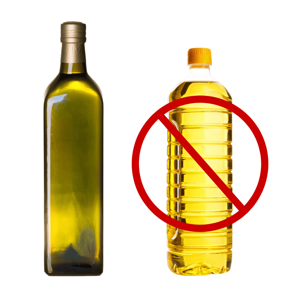 Glass bottle of extra virgin olive oil beside plastic bottle of seed oil with a red no symbol