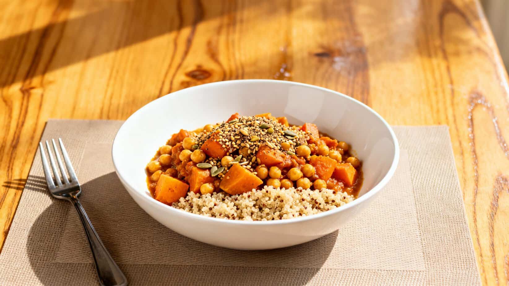 Instant Pot Moroccan sweet potato and chickpea bowls with kale, served over quinoa and topped with dukkah in white ceramic bowls on a tan placemat with a fork on the left on an oak surface