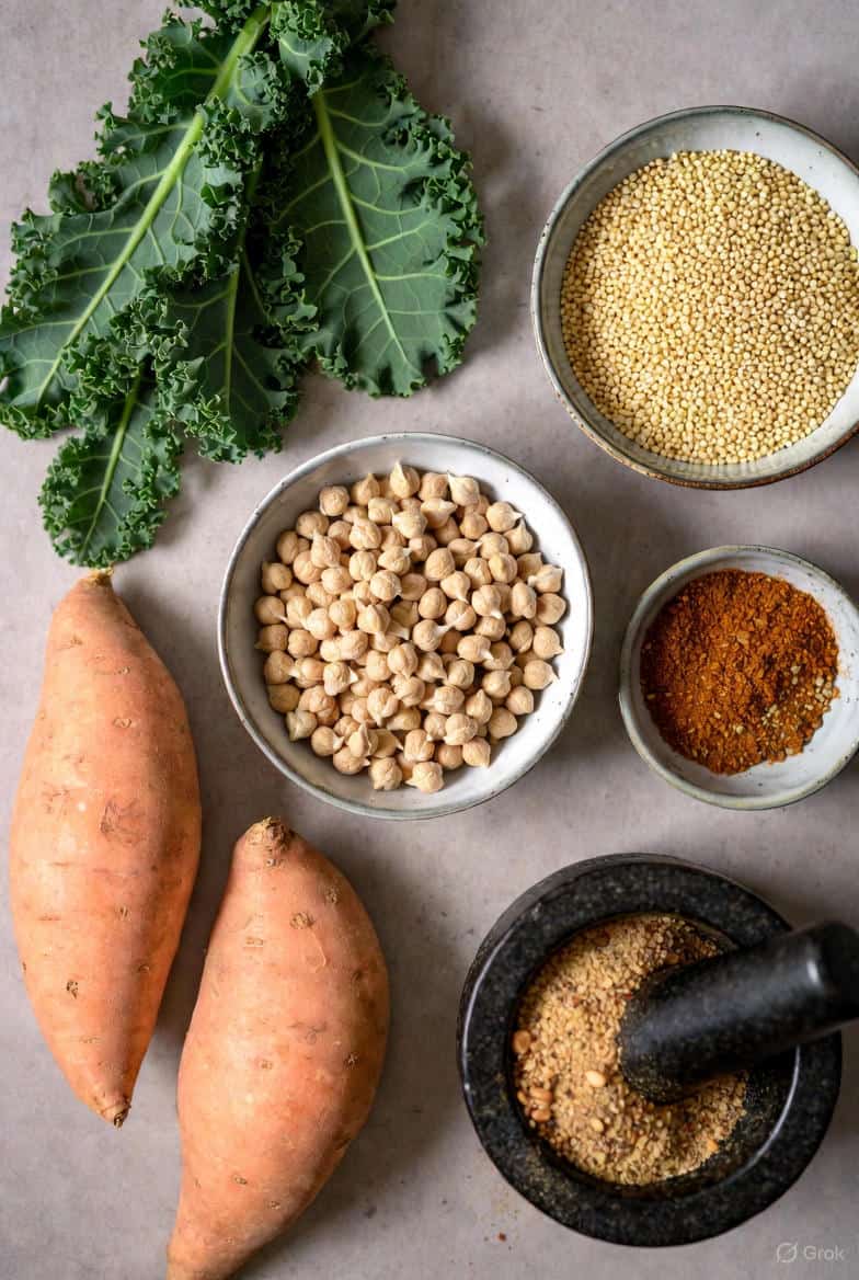 Flat lay of Moroccan sweet potato chickpea bowl ingredients: two whole sweet potatoes, three large kale leaves, dry chickpeas in a small bowl, uncooked quinoa in a bowl, Ras el Hanout spice blend in a dish, and dukkah in a black mortar and pestle, all neatly arranged on a light gray surface
