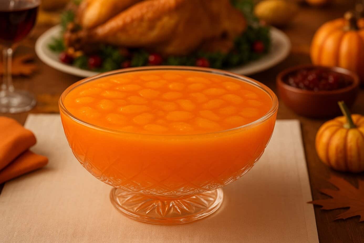 Orange-Jello-Salad-on-placemat Orange gelatin salad with mandarin oranges set in a smooth, glossy layer inside a cut-glass crystal bowl, garnished with a single rosemary sprig, displayed on a Thanksgiving table with warm autumn décor