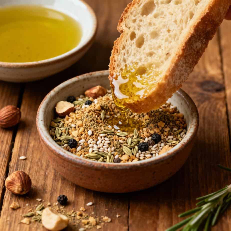 A rustic slice of bread, glistening with olive oil, being dipped into a bowl of traditional Egyptian dukkah made with crushed hazelnuts, sesame seeds, and spices, next to a separate bowl of olive oil on a wooden table